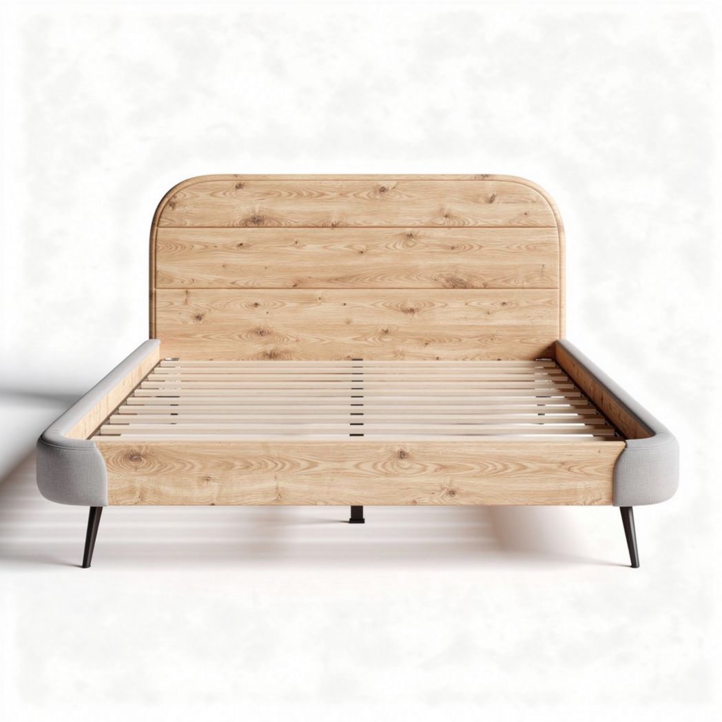 Wooden bed frame with upholstered headboard and slatted base 200 x 160 x 100cm