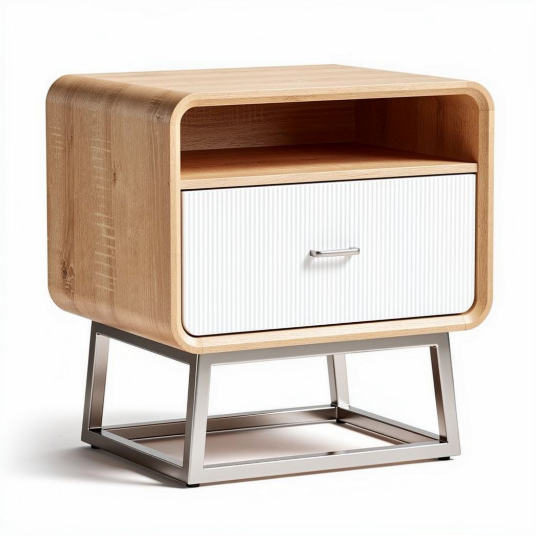 Wooden nightstand with a single drawer and metal base 60 x 40 x 50cm