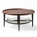 Round coffee table with wooden top and glass bottom shelf 90 x 90 x 40cm