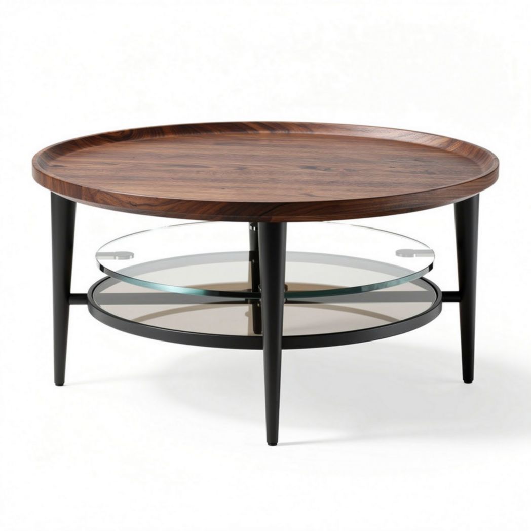 Round coffee table with wooden top and glass bottom shelf 90 x 90 x 40cm