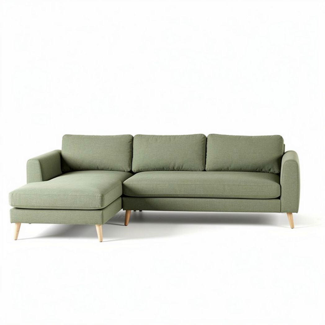 Green fabric sectional sofa with wooden legs for living room seating 200 x 85 x 80cm
