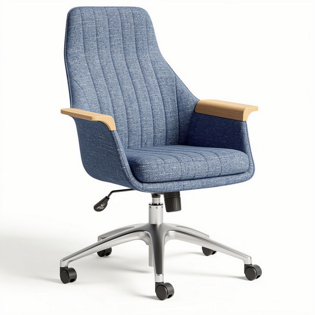 Upholstered desk chair with wooden arms and adjustable height in blue 60 x 60 x 90cm