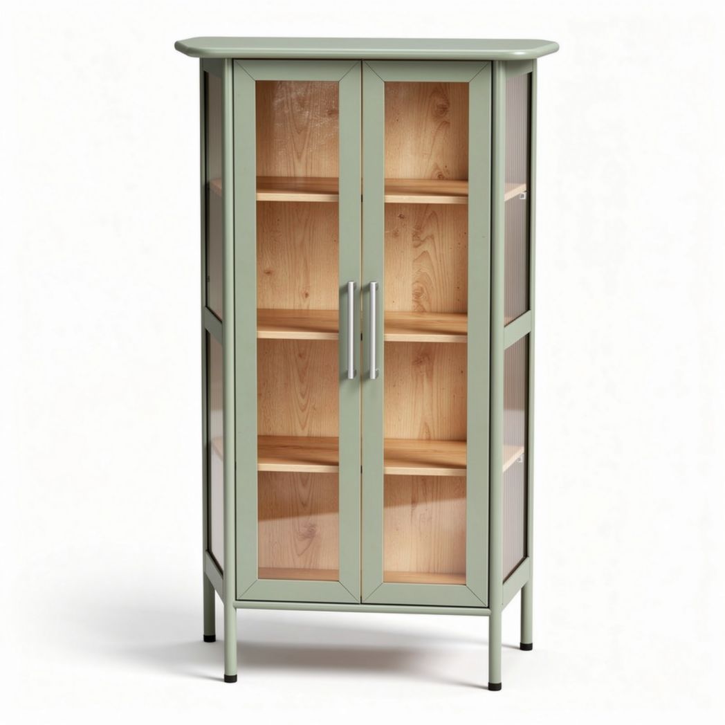 Glass display cabinet with wooden shelves in green finish 70 x 40 x 160cm