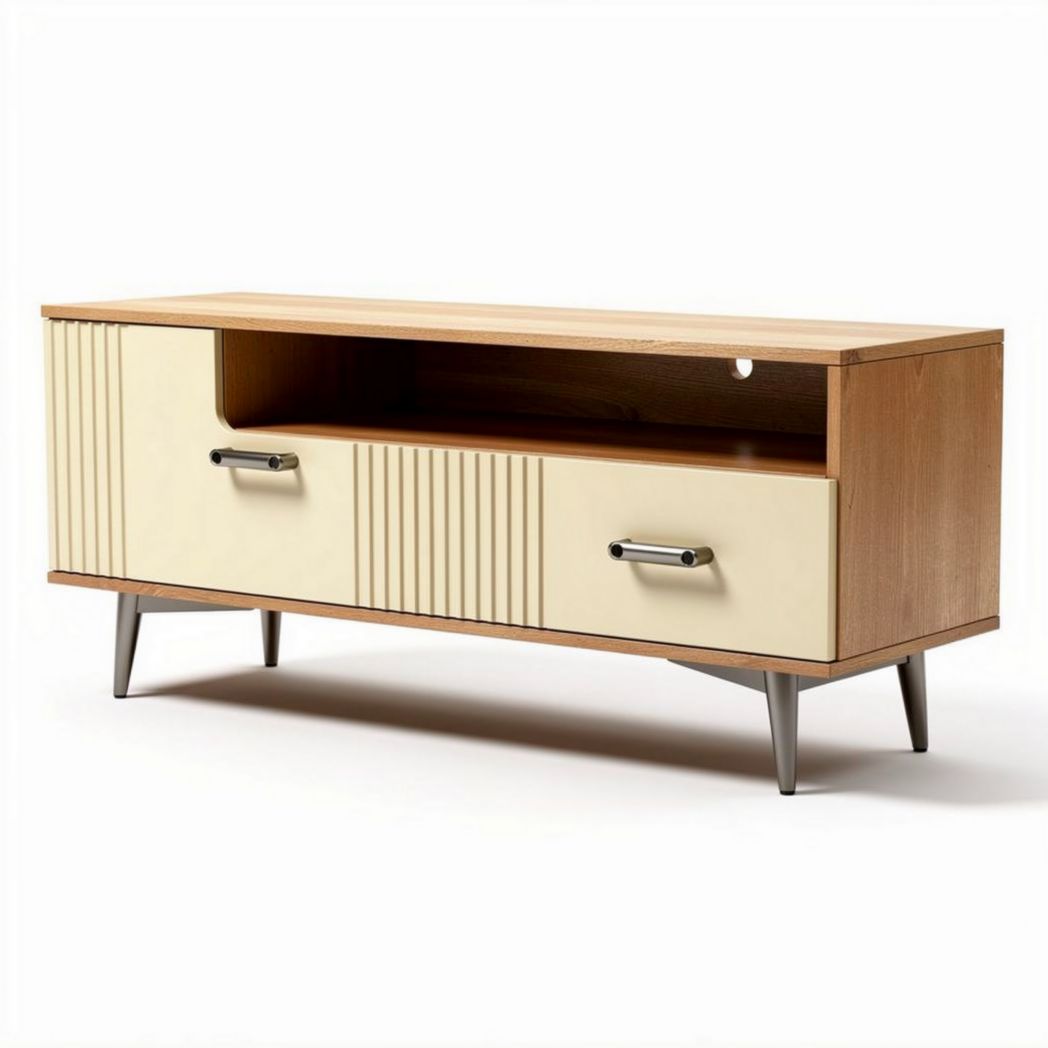 Wooden media console with sliding doors and metal legs 150 x 40 x 50cm