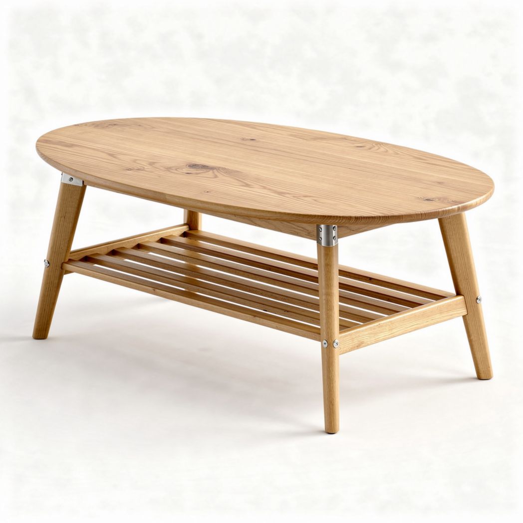 Oval coffee table with wooden legs and lower slat shelf 120 x 60 x 45cm