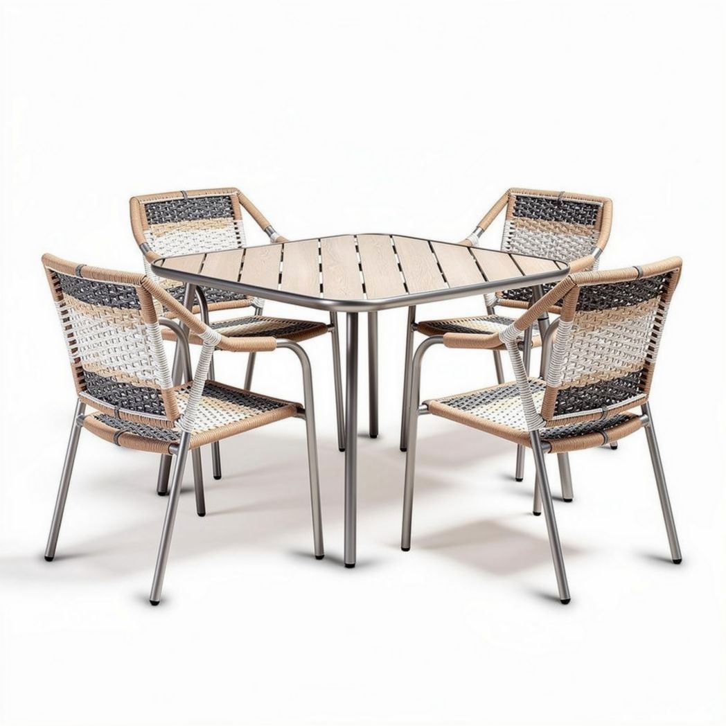Square dining table with four matching chairs made of metal and woven rattan