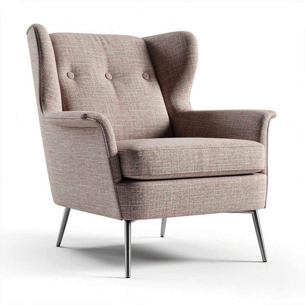 Fabric upholstered mid-century modern accent chair with metal legs in light gray